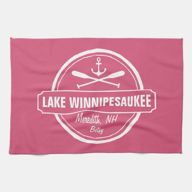 Lake Winnipesaukee NH custom town, name, anchor Tea Towel (Horizontal)