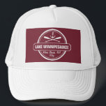 Lake Winnipesaukee NH custom town, name, anchor Trucker Hat<br><div class="desc">Lake Winnipesaukee, New Hampshire nautical anchor design is personalised with your town (such as Moultonborough, Wolfeboro, Meredith, Alton, Gilford, Weirs Beach, etc.) and your name (or delete). This retro, vintage style design features a white circle, anchor, crisscrossed paddles and a bold banner that reads Lake Winnipesaukee. Perfect for the boating...</div>