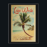Lake Worth Palm Tree Vintage Travel Postcard<br><div class="desc">A uniquely retro mid-century modern Lake Worth Florida art print in vintage travel poster style. It features a curved palm tree on sandy beach with ocean under a blue cloudy sky.</div>