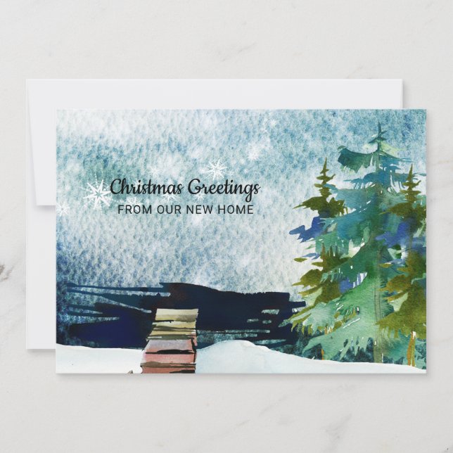 Lakefront Pine Trees Snowy Sky New Address Announcement (Front)