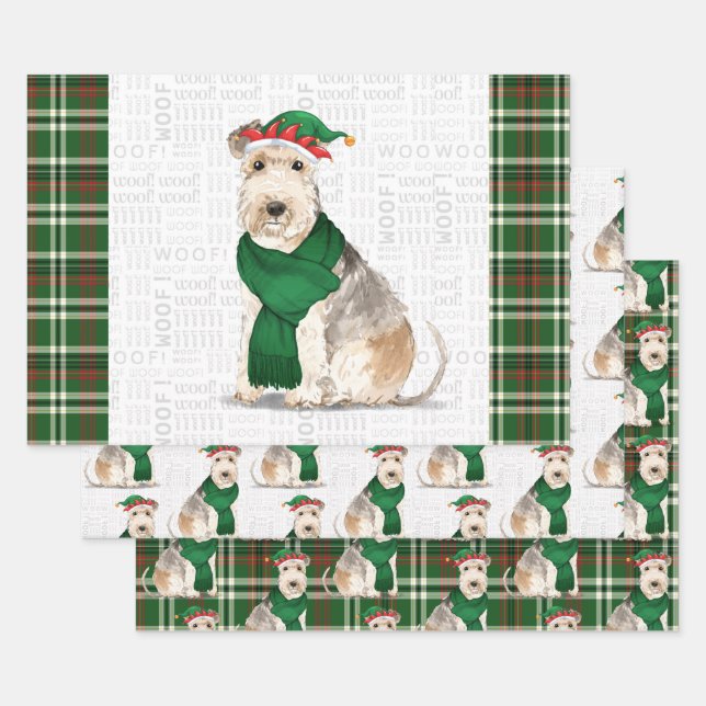 Lakeland Terrier Christmas Dog and Holiday Plaid Wrapping Paper Sheet (Set)