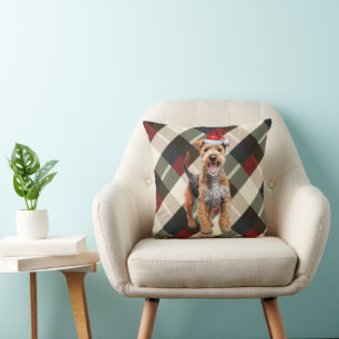 Lakeland Terrier Dog Plaid Christmas Holiday Cushion