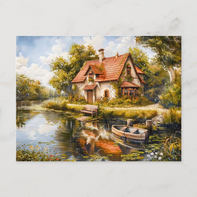 Lakeside Cottage with Rowboat Postcard (Front)