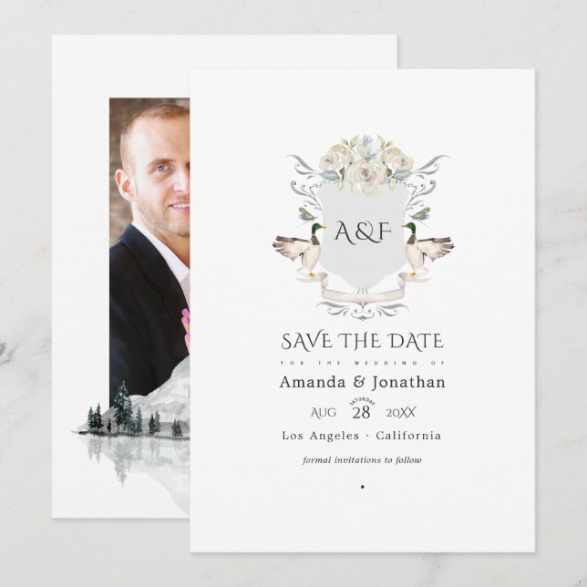 Lakeside Monogram Crest Wedding Photo Save The Date (Front/Back)
