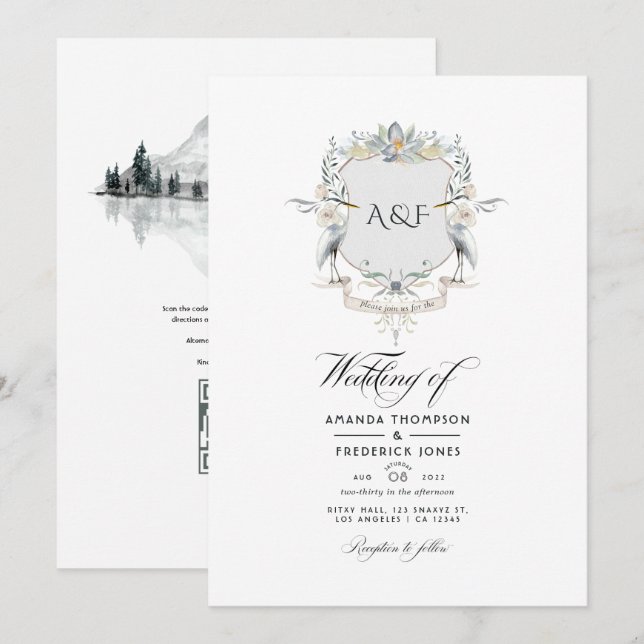 Lakeside Monogram Laurel Crest Wedding Invitation (Front/Back)