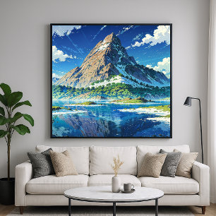 Lakeside Mountain - Colourful Illustration Style Poster