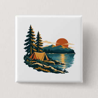Lakeside Sunset Tent and Pines Camping 15 Cm Square Badge