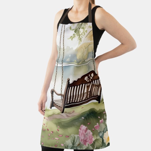 Lakeside Swing in Romantic Watercolor Garden Apron (Insitu)
