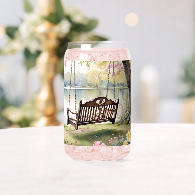 Lakeside Swing in Romantic Watercolor Garden Can Glass (Insitu (Wedding))
