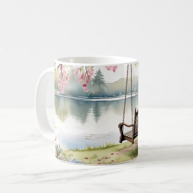 Lakeside Swing in Romantic Watercolor Garden Coffee Mug (Front Left)