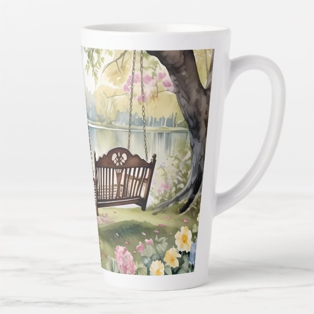 Lakeside Swing in Romantic Watercolor Garden Latte Mug (Right)