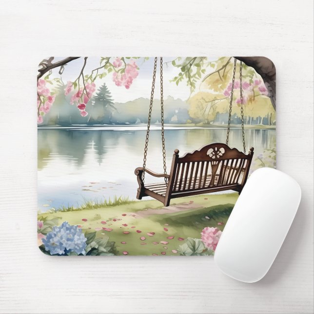 Lakeside Swing in Romantic Watercolor Garden Mouse Mat (With Mouse)