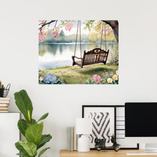 Lakeside Swing in Romantic Watercolor Garden Poster