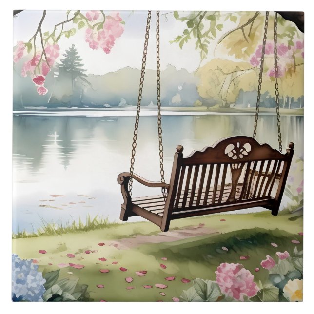Lakeside Swing in Romantic Watercolor Garden Tile (Front)