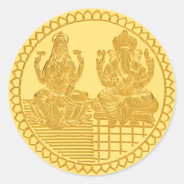 LAKSHMI AND GANESH GOLD COIN DESIGN CLASSIC ROUND STICKER (Front)