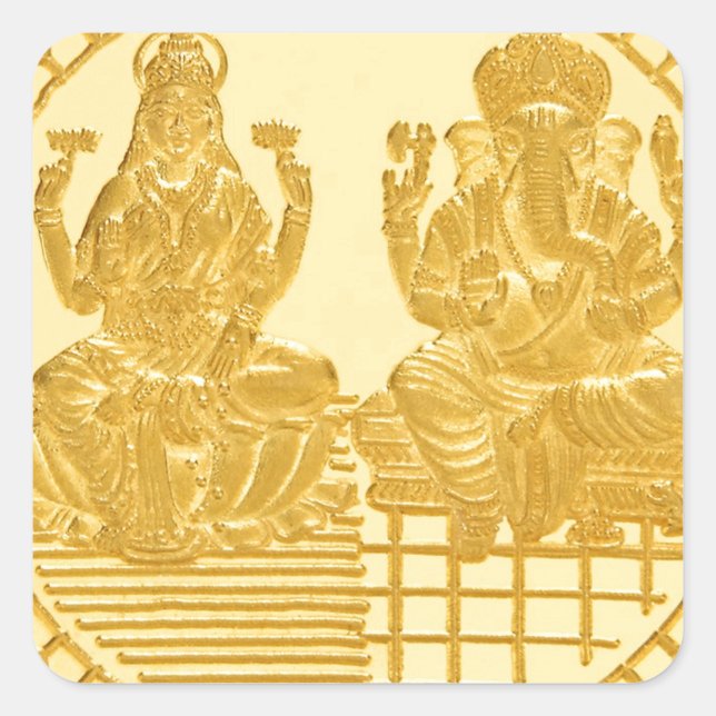 LAKSHMI AND GANESH GOLD COIN DESIGN SQUARE STICKER (Front)