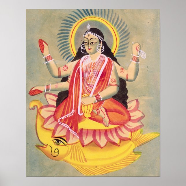 Laksmi sitting on a throne of lotus leaves, c.1890 poster (Front)