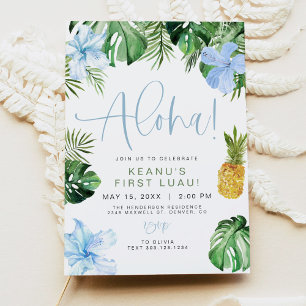 LALANI Beach Blue Hibiscus Luau Hula 1st Birthday Invitation