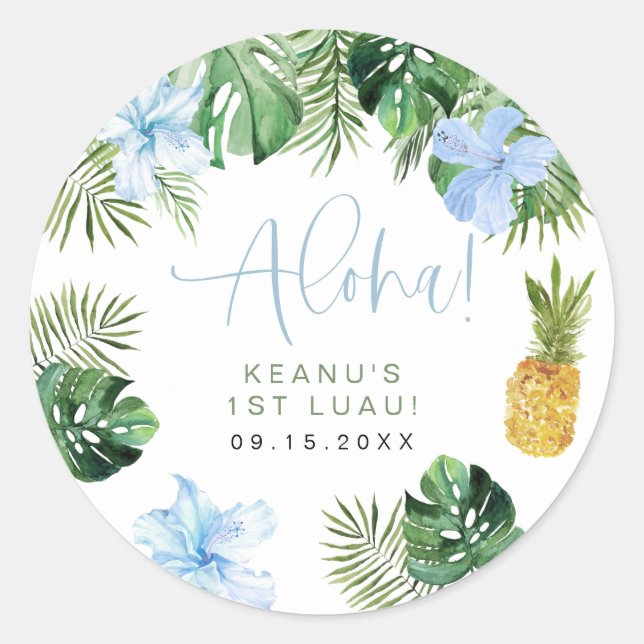 LALANI Tropical Blue Hibiscus Luau 1st Birthday Classic Round Sticker (Front)
