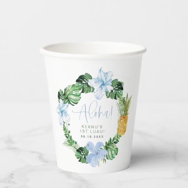 LALANI Tropical Blue Hibiscus Luau 1st Birthday Paper Cups (Front)