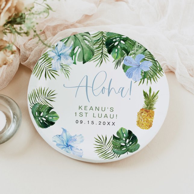 LALANI Tropical Blue Hibiscus Luau 1st Birthday Paper Plate (Creator Uploaded)