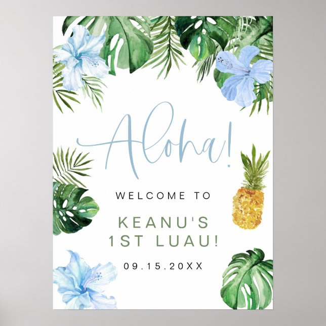 LALANI Tropical Blue Hibiscus Luau 1st Birthday Poster (Front)