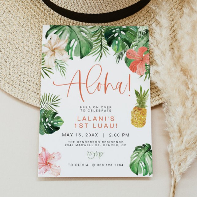 LALANI Tropical Pink Hibiscus Luau 1st Birthday Invitation (Creator Uploaded)