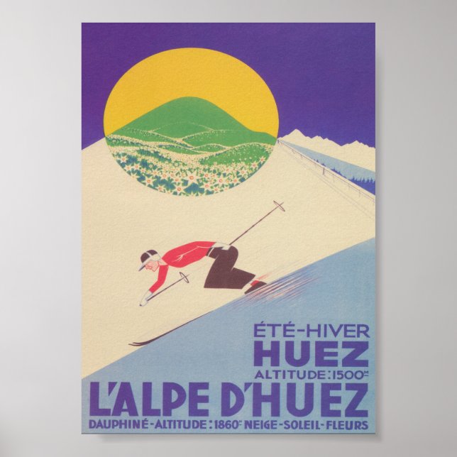 L'Alpe d'Huez France Retro Vintage Ski Poster (Front)