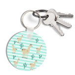 Lama and cactus on green white stripes key ring<br><div class="desc">Cute lama,  cactus and fiesta theme. Beige coloured llamas and green cacti on slim mint green and white coloured horizontal stripes.</div>