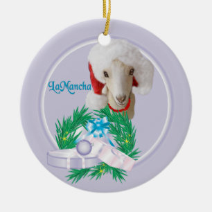 LaMancha Goat in Santa Hat  Wreath Holiday Ornamen Ceramic Tree Decoration