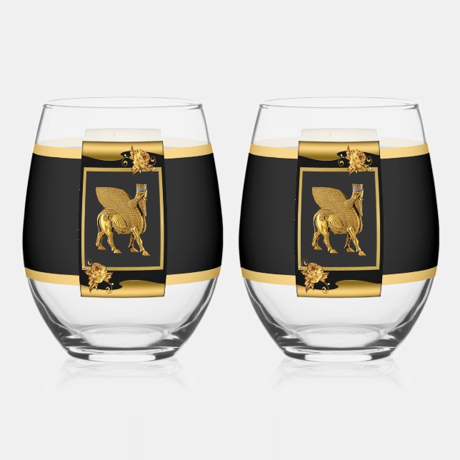 Lamassu (winged Bull)  Stemless Wine Glass (Front)