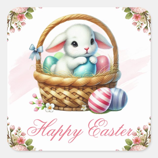 Lamb and Spring Flowers Happy Easter Square Sticker (Front)