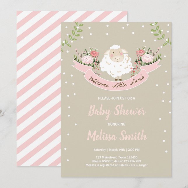 Lamb Baby Shower Invitation Girl Pink Spring (Front/Back)
