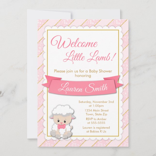 Lamb Baby Shower Invitation Pink Baby Girl Lamb (Front)