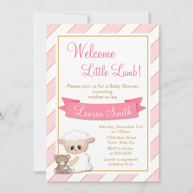 Lamb Baby Shower Invitation Pink Baby Girl Lamb (Front)