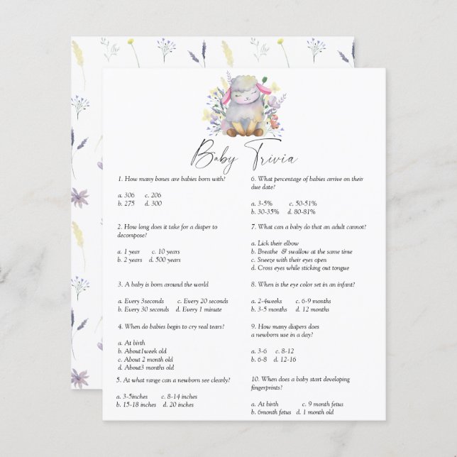 Lamb - Baby Trivia | Baby Shower Game (Front/Back)