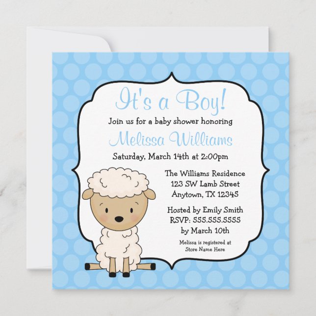Lamb Blue Dots Boy Baby Shower Invitations (Front)