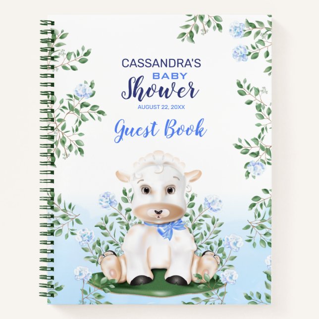 Lamb Blue Floral Baby Shower Guest Book (Front)