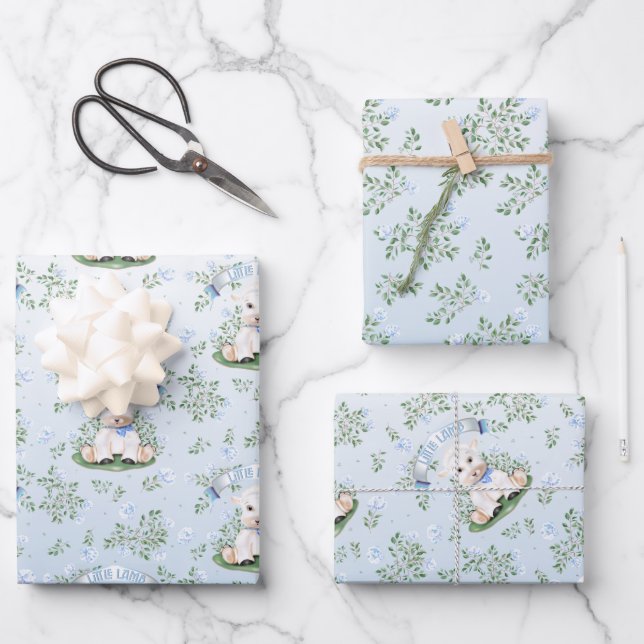 Lamb Blue Floral Baby Shower Wrapping Paper (Front)