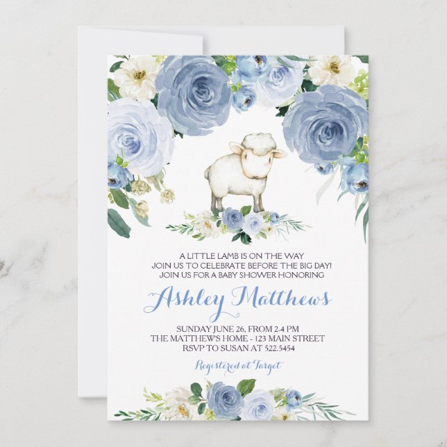 lamb blue flower baby shower invitation (Front)
