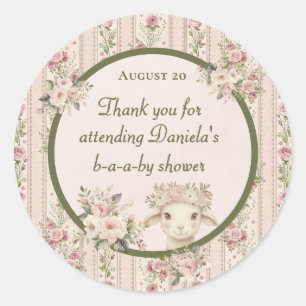 Lamb Blush Pink Roses Girl Baby Shower Welcome Classic Round Sticker