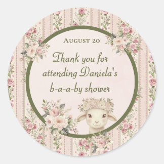 Lamb Blush Pink Roses Girl Baby Shower Welcome Classic Round Sticker