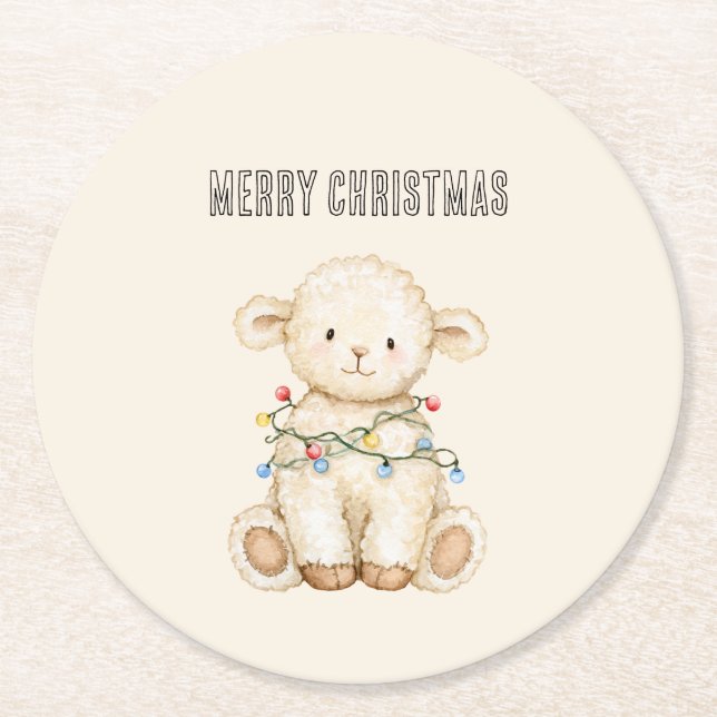 Lamb Christmas Tree Lights Round Paper Coaster (Front)