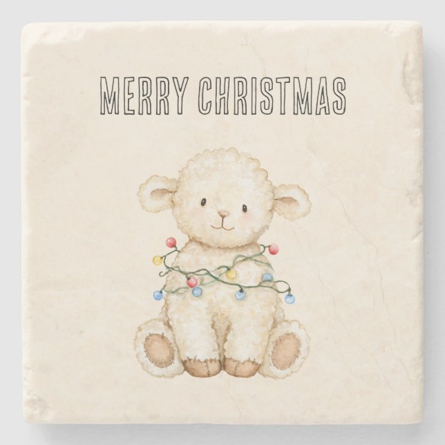 Lamb Christmas Tree Lights Stone Coaster (Front)