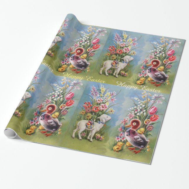 LAMB ,DUCK,CHICKENS AND EASTER EGGS WITH FLOWERS WRAPPING PAPER (Unrolled)