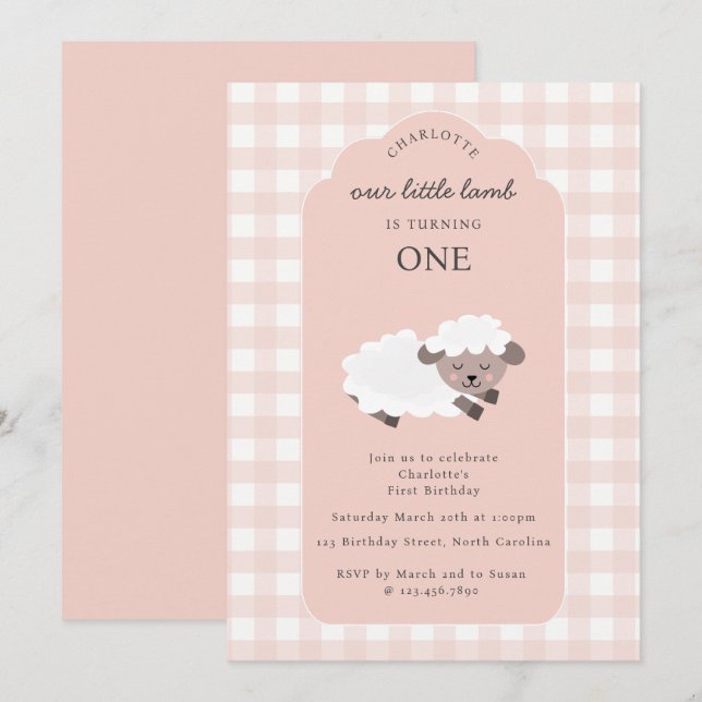 Lamb Farm Party Animals Girls 1st Birthday Girl Invitation (Front/Back)