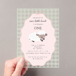 Lamb Farm Party Animals Girls 1st Birthday Pink Acrylic Invitations