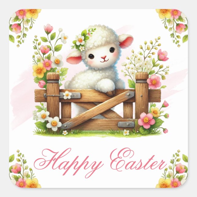 Lamb, Flower Crown & Wooden Gate Happy Easter Square Sticker (Front)