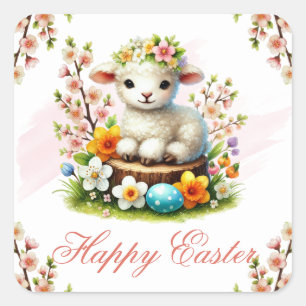 Lamb, Flowers & Eggs Happy Easter Square Sticker