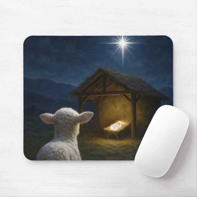 Lamb Gazing at Baby Jesus In a Manger Mouse Mat (With Mouse)